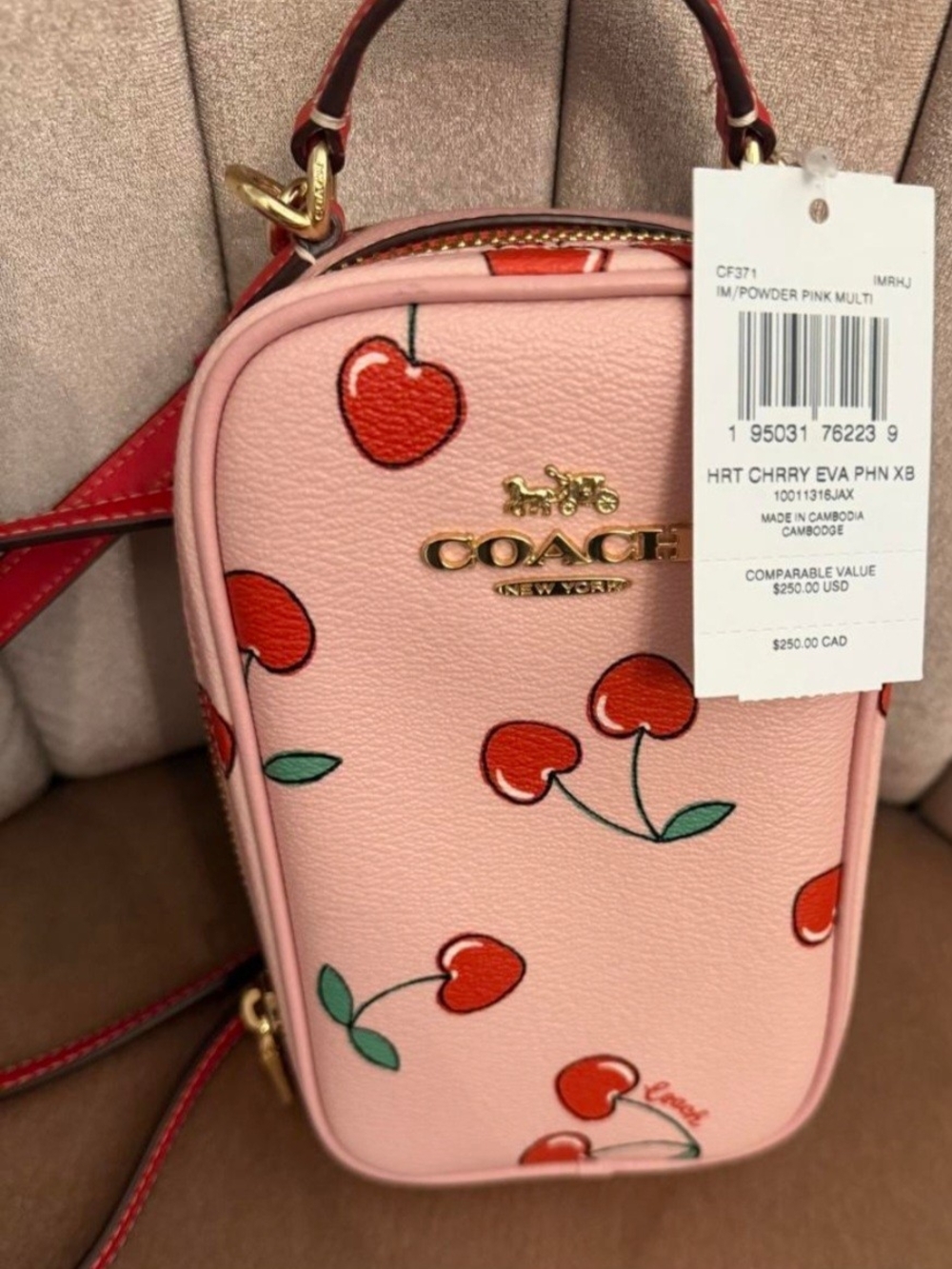 Rare Coach Powder Pink Cherry Print Crossbody Bag